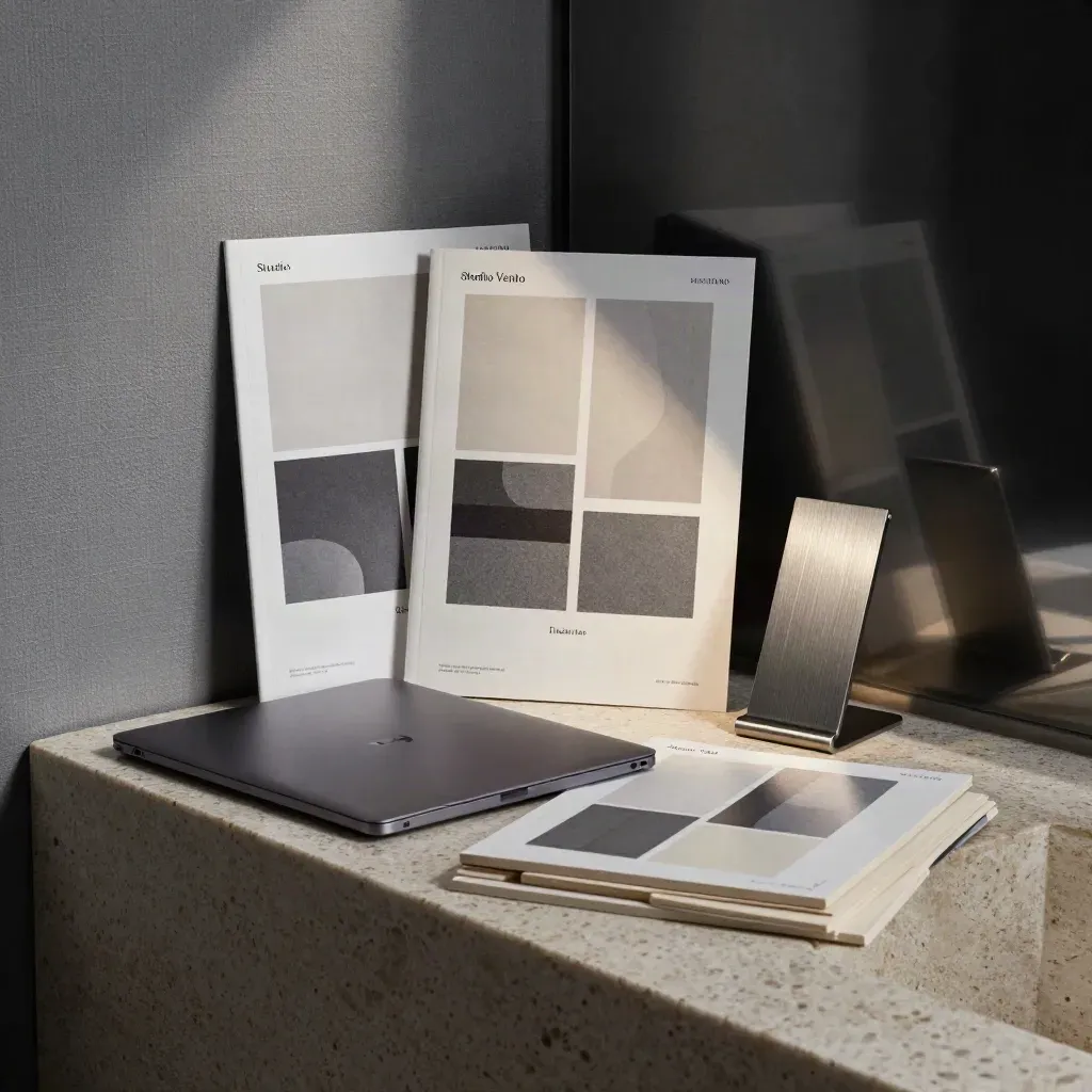 Corner launch di Studio Vento con pannelli stampati, laptop chiuso e supporto smartphone