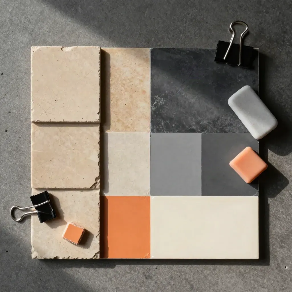 Flatlay di campioni colore, clip, gomma e card scura su cemento, luce morbida dall’alto