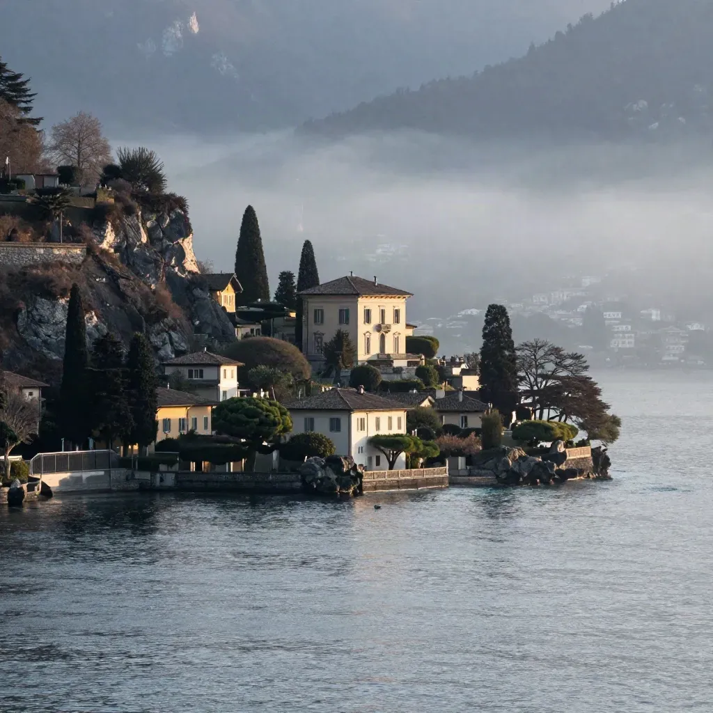 Lago di Como all’alba con ville e montagne nella foschia dorata